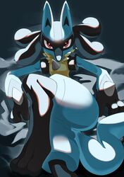  2023 3_fingers ambiguous_gender anthro blue_body blue_fur detailed_background ekcdayo fingers fur generation_4_pokemon hi_res looking_at_viewer lucario nintendo on_blanket pokemon pokemon_(species) red_eyes solo spikes spikes_(anatomy) tail tan_body tan_fur 