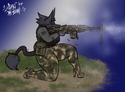  2024 anthro black_body black_fur black_tail bodysuit camo canid canine canis clothed clothing dubmare eyebrows female fingers footwear fur gun high_heels mammal narrowed_eyes ranged_weapon signature skinsuit sligarthetiger solo tail thick_thighs tight_clothing topwear vest weapon wolf 