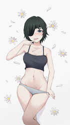  absurdres black_camisole black_hair blue_eyes blush breasts camisole chainsaw_man commentary cowboy_shot eyepatch female finger_to_mouth flower groin half-closed_eyes highres himeno_(chainsaw_man) looking_at_viewer medium_breasts navel open_mouth orenji_(user_fknw7775) panties panty_pull pulling_own_clothes short_hair smile solo standing thigh_gap underwear underwear_only 