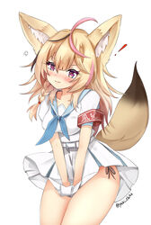  ! absurdres anger_vein animal_ear_fluff animal_ears armband belt black_hair blonde_hair blue_neckerchief blue_sailor_collar blush braid closed_mouth commentary cowboy_shot ebiko_yaki female fox_ears fox_girl fox_tail hair_between_eyes hair_over_shoulder heart heart-shaped_pupils highres holohoneygaoka_high_school_uniform holohoneygaoka_koukou hololive long_hair looking_at_viewer miniskirt multicolored_hair neckerchief official_alternate_costume omaru_polka pink_hair pleated_skirt purple_eyes red_armband sailor_collar school_uniform serafuku shirt short_sleeves side-tie_peek side_braid simple_background single_braid skirt solo standing streaked_hair symbol-shaped_pupils tail thighs twitter_username v_arms virtual_youtuber white_background white_belt white_serafuku white_shirt white_skirt 