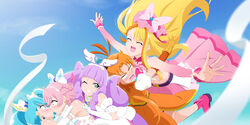  1boy 4girls accidental_pervert blonde_hair blue_hair blue_sky blush boots breasts brown_hair closed_eyes cloud cure_butterfly cure_majesty cure_prism cure_sky cure_wing ellee-chan flying frills fuchi_(nightmare) hair_ribbon highres hijiri_ageha hirogaru_sky!_precure hug kissing looking_at_viewer multicolored_hair multiple_girls nijigaoka_mashiro one_eye_closed open_hand open_mouth orange_hair pink_hair precure pushing ribbon sky smile sora_harewataru streaked_hair surprised yuunagi_tsubasa 