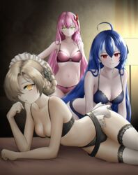  3girls absurdres ahoge axelsworks azur_lane bed belt black_belt black_bra black_pantyhose blonde_hair blue_bra blue_hair blue_panties bow bow_bra bow_panties bra braid breasts closed_mouth commentary_request elbow_rest frown green_eyes hair_ornament helena_(azur_lane) helena_(meta)_(azur_lane) highres indoors lamp leaning_forward lingerie long_hair looking_at_viewer lying maid_headdress medium_breasts memphis_(azur_lane) memphis_(meta)_(azur_lane) multiple_girls navel on_bed on_side pale_skin panties pantyhose pink_bra pink_hair pink_panties red_eyes sheffield_(azur_lane) sheffield_(meta)_(azur_lane) short_hair smile standing thighhighs twin_braids underwear underwear_only very_long_hair white_thighhighs yellow_eyes 