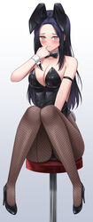  absurdres animal_ears black_bow black_bowtie black_hair black_leotard black_pantyhose bow bowtie breasts cleavage detached_collar female fishnet_pantyhose fishnets gradient_background grey_background highres hussar_(last_origin) large_breasts last_origin lazb. leotard official_alternate_costume pantyhose playboy_bunny purple_eyes rabbit_ears rabbit_tail solo stool tail white_background wrist_cuffs 