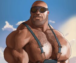  1boy alternate_muscle_size animated animated bad_deviantart_id bad_id bald bara bare_pectorals beard_stubble biceps blue_sky bouncing_pecs chest_hair commentary engineer_(tf2) english_commentary facial_hair goggles heavy_like_a_brinks_truck_(meme) huge_pectorals lats looking_afar looking_down male_focus meme muscular muscular_male nipples nose overalls pectorals round_eyewear sky smile sniperstalker solo sparse_chest_hair stubble suspenders team_fortress_2 thick_neck three_quarter_view turning_head upper_body wrinkled_skin 