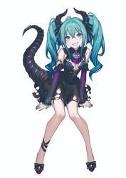  absurdres aqua_eyes aqua_hair arm_support bad_link bare_shoulders black_dress black_nails brooch cleavage_cutout clothing_cutout commentary dragon_horns dragon_tail dress female figure_available full_body grin hatsune_miku hatsune_miku_(noodle_stopper) heart heart_brooch highres horns invisible_chair jewelry loalo long_hair looking_at_viewer nail_polish noodle_stopper official_art purple_footwear sharp_teeth sitting sleeveless sleeveless_dress smile solo tail teeth third-party_source torn_clothes torn_dress twintails vocaloid white_background 