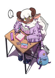  ... animal_ears artist_name backpack bag bag_charm blue_footwear blush brown_horns charm_(object) commentary_request desk envelope female full_body fur-trimmed_footwear fur_trim highres horizontal_pupils horns long_hair looking_at_viewer love_letter neck_fur open_mouth original paper pigeon-toed plump purple_skirt purple_sweater school_desk sheep_ears sheep_girl sheep_horns short_eyebrows simple_background sitting skirt spoken_ellipsis sweater teko_(tawake) twitter_username white_background white_hair writing yellow_eyes 