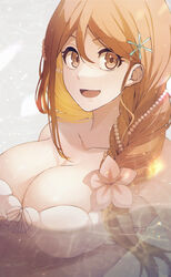  :d alternate_costume alternate_hairstyle bikini bleach braid braided_ponytail breasts brown_eyes cleavage close-up collarbone commentary_request double-parted_bangs eyelashes female flower gem hair_between_eyes hair_flower hair_ornament hair_over_shoulder hairpin happy highres inoue_orihime large_breasts long_hair looking_at_viewer open_mouth orange_hair pearl_(gemstone) pearl_hair_ornament pink_flower smile solo sumire_1046 swimsuit symmetrical_hand_pose tareme white_bikini 