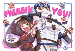  &gt;_&lt; 1boy arms_up bare_pectorals belt black_belt black_jacket black_skirt blue_headband blush brown_hair chest_harness chibi crossed_arms eyelashes female furry furry_male glasses grin hanuman_(housamo) harness headband highres holding holding_staff horkeu_kamui index_finger_raised jacket kicking loincloth long_sleeves motoori_shiro navel necktie nipples open_clothes open_jacket open_mouth pectorals pointing pointing_at_viewer protagonist_2_(housamo) red_necktie sakimori_toji salomon_(housamo) school_uniform skirt smile staff sumi_wo_hakuneko takabushi_kengo thank_you tokyo_afterschool_summoners white_background yakushimaru_ryota yellow_eyes 