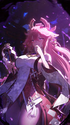  absurdres animal_ears bare_shoulders breasts cowboy_shot detached_sleeves evil_smile female fingernails floppy_ears fox_ears from_above genshin_impact glowing glowing_eyes gohei hair_between_eyes hair_ornament hand_to_own_mouth hand_up highres holding holding_gohei long_hair looking_at_viewer night night_sky nontraditional_miko pink_hair purple_eyes sideboob sidelocks sky smile solo sushispin torii vision_(genshin_impact) wide_sleeves yae_miko 