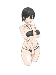  :o absurdres arm_under_breasts bikini black_bikini black_hair blue_eyes blue_hair blush breast_lift breasts bunny_garden center_opening colored_inner_hair cropped_legs eyepatch_bikini female half-closed_eyes halterneck highres hofdechiski large_breasts miuka_(bunny_garden) multi-strapped_bikini_bottom multicolored_hair navel short_hair simple_background skindentation solo string_bikini sweat swimsuit white_background 