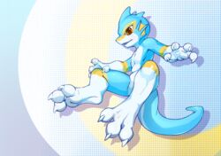  anthro aquatic_dragon blue_body claws digital_media_(artwork) dragon english_text feet fin fishy_fizz foot_focus hi_res male marine mythological_creature mythological_scalie mythology nude open_mouth paws scalie simple_background smile solo tail text toes 