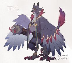  2024 4_ears ambiguous_gender anklet anthro arm_tuft armor avian beak biped bird black_clothing black_markings black_topwear chest_markings chest_tuft claws cloak clothed clothing colored digital_media_(artwork) digitigrade dipstick_tail ear_piercing ear_ring english_text feathered_wings feathers featureless_crotch feet finger_claws fluffy fluffy_chest front_view full-length_portrait grey_background grey_body grey_cloak grey_clothing grey_ears grey_feathers grey_tail grey_wings hi_res horn japanese_text jewelry kemono markings multi_ear multicolored_tail open_mouth piercing pink_eyes pink_tongue portrait purple_body purple_claws purple_feathers purple_tail purple_tail_tip red_markings ring_piercing shaded simple_background solo standing tail tail_markings tail_tuft talons teeth text three-quarter_view toe_claws toes tongue topwear translated tuft two_tone_tail vambrace whitexterior wings wrist_tuft yellow_horn yellow_sclera 