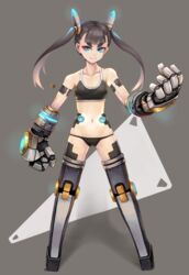  black_panties blue_eyes brown_hair commentary cyborg eyeshadow female full_body glowing kurio lowleg lowleg_panties makeup mecha_musume mechanical_arms mechanical_legs mechanical_parts navel original panties simple_background solo sports_bra thick_eyebrows twintails underwear underwear_only 