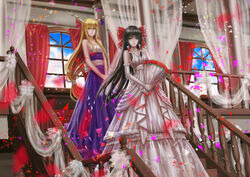  2girls black_hair blonde_hair bow brown_eyes dress elbow_gloves flowers hakurei_reimu horns ibuki_suika long_hair stairs touhou wedding_dress yellow_eyes zhouran 