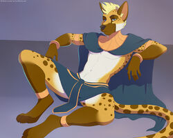  5:4 anthro biped blue_eyes cheetah cloak clothed clothing felid feline fur hybrid hyena looking_at_viewer lunalei male mammal markings seductive simple_background sitting smile solo spots spotted_body spotted_fur spotted_hyena spread_legs spreading tail 