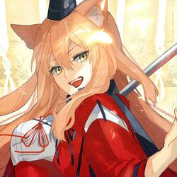  animal_ear_fluff animal_ears blonde_hair breasts commentary_request fangs fate/extra fate/extra_ccc fate/extra_ccc_fox_tail fate_(series) female fox_ears hat large_breasts long_hair looking_at_viewer nishikiya open_mouth red_ribbon ribbon smile solo suzuka_gozen_(fate) yellow_eyes 