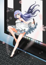  :o aqua_eyes bare_shoulders barefoot chinese_commentary commentary_request computer computer_keyboard dress female highres legs long_hair mini_person minigirl monitor open_mouth original parsue petals purple_eyes solo stylus sundress through_medium through_screen windows_desktop windows_logo 