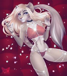  anthro big_breasts blonde_hair bra breasts clothed clothing exposure_variation eyebrows eyelashes felid female fur gem grey_body grey_fur hair jasmin_(a1rheart) lingerie lion mammal navel nemeris pantherine panties purple_eyes signature solo underwear 