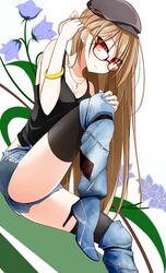  blue_shorts brown_hair commentary_request denim denim_shorts female glasses hat lindoh_flores long_hair nail_polish original red-eyes_macadamiachoco red_eyes shorts solo thighhighs 