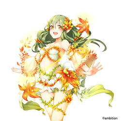  :d bare_shoulders blush breasts brown_eyes commentary_request detached_sleeves female flower green_hair himekiss long_hair maru-kichi midriff navel official_art open_mouth small_breasts smile solo standing 