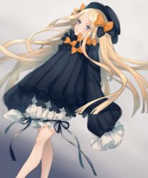  abigail_williams_(fate) asuda black_bow black_dress black_hat blonde_hair bloomers blue_eyes blush bow bug butterfly commentary_request dress fate/grand_order fate_(series) female forehead hairbow hat long_hair long_sleeves orange_bow parted_bangs parted_lips polka_dot polka_dot_bow sleeves_past_fingers sleeves_past_wrists solo underwear very_long_hair white_bloomers 