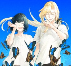  2boys altessimo_(idolmaster) bad_id bad_pixiv_id blue_background blue_butterfly bug butterfly closed_eyes commentary_request crying flying happy_tears idolmaster idolmaster_side-m kagura_rei long_hair low_ponytail multiple_boys open_mouth polka_polka ponytail shirt short_hair short_sleeves smile tears tsuzuki_kei upper_body white_shirt 