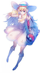  aqua_eyes bag blonde_hair blue_footwear blue_ribbon blunt_bangs collared_dress commentary_request dress duffel_bag female full_body hand_on_headwear hat hat_ribbon highres hunxiao_xingshuang kneehighs lillie_(pokemon) long_hair looking_at_viewer photoshop_(medium) poke_ball_theme pokemon pokemon_sm ribbon shoes sleeveless sleeveless_dress smile socks solo sun_hat sundress white_dress white_hat white_socks 