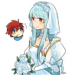  1boy bouquet commentary_request couple dress eliwood_(fire_emblem) female fire_emblem fire_emblem:_the_blazing_blade fire_emblem_heroes flower flying_sweatdrops ninian_(fire_emblem) protected_link roirence simple_background smile straight wedding_dress white_background 