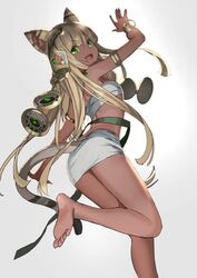  :d adachi_yousuke animal_ears arm_up armlet bare_legs barefoot bastet_(p&amp;d) blonde_hair bracelet breasts cat_ears cat_tail commentary_request dark-skinned_female dark_skin feet female from_behind green_eyes hair_ornament jewelry legs long_hair looking_at_viewer looking_back open_mouth puzzle_&amp;_dragons round_teeth simple_background skirt smile soles solo standing standing_on_one_leg tail teeth toes upper_teeth_only very_long_hair white_background white_skirt youfuu_no_aibyoushin_bastet 