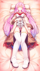  absurdres ahoge aristear_remain blue_hair blurry blush boots breasts depth_of_field dress female hand_on_own_stomach highres large_breasts long_hair multicolored_hair official_art panties pink_hair purple_hair rozea_(graphmelt) ruru_(aristear_remain) sleeping solo thigh_boots thigh_gap thighhighs thighs underwear very_long_hair white_footwear white_thighhighs 