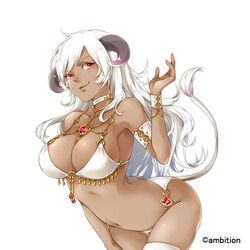  armband bad_anatomy bare_shoulders bra breasts choker commentary_request dark-skinned_female dark_skin female gem hand_on_own_leg hand_up himekiss horns jewelry large_breasts leaning_forward long_hair looking_at_viewer maru-kichi navel necklace official_art panties red_eyes sheep_horns smile smirk solo tail thighhighs underwear very_long_hair white_bra white_choker white_hair white_panties white_thighhighs wristband 