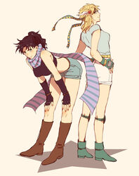  2girls afjc black_hair blonde_hair caesar_anthonio_zeppeli commentary_request crop_top denim denim_shorts feather_hair_ornament feathers fingerless_gloves genderswap_(mtf) gloves hair_ornament jojo_no_kimyou_na_bouken joseph_joestar joseph_joestar_(young) knee_pads midriff multiple_girls photoshop_(medium) ponytail rule_63 scarf short_hair shorts 