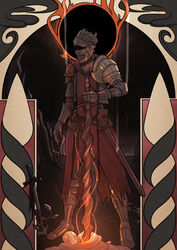  armor art_nouveau bad_id bad_tumblr_id dark_souls_iii full_armor glowing helmet highres john_doe male_focus no_eyes planted_sword planted_weapon plate_armor solo soul_of_cinder souls_(from_software) spoilers sword tabard weapon 