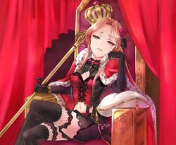  bangle black_gloves black_thighhighs bracelet breasts brooch brown_eyes brown_hair cleavage cloak collar commentary_request cross-laced_clothes crossed_legs crown curtains elbow_gloves feet_out_of_frame female fishnets flower frilled_collar frills fur_trim gloves hair_flower hair_ornament head_rest highres holding holding_scepter idolmaster idolmaster_cinderella_girls idolmaster_cinderella_girls_starlight_stage jewelry lace lace-trimmed_legwear lace_trim long_hair looking_at_viewer medium_breasts miniskirt navel null_(chronix) parted_lips pillow red_cloak red_curtains scepter sidelocks sitting skirt solo thighhighs throne zaizen_tokiko 