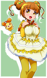  bow breasts brown_hair commentary_request creature dokidoki!_precure double_bun female frilled_skirt frills green_background hair_bun hair_ornament hairclip highres large_breasts orange_bow pantyhose photoshop_(medium) precure rance_(dokidoki!_precure) ryuuta_(cure_ryuuta) short_hair skirt smile standing yellow_eyes yellow_legwear yotsuba_alice 