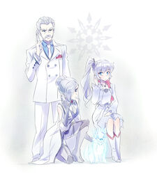  1boy 2girls beowolf blue_eyes cellphone commentary eyes_visible_through_hair facial_hair family father_and_daughter formal frown grey_hair grimm_(rwby) highres iesupa jacques_schnee kneeling light_persona moustache multiple_girls necktie phone rwby siblings side_ponytail sisters sitting skirt smartphone snowflakes suit weiss_schnee white_hair winter_schnee 