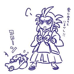  &gt;_&lt; 1boy chill_ykon closed_eyes commentary_request frown furoshiki furoshiki_around_neck hakama hakama_skirt japanese_clothes kataginu komasan lowres monochrome open_mouth sandals skirt traditional_youkai translation_request tsuchigumo_(youkai_watch) white_background youkai_(youkai_watch) youkai_watch 