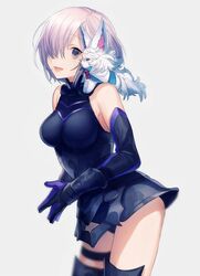  :d armored_leotard asuda bare_shoulders black_gloves black_leotard blush breasts commentary_request cowboy_shot creature elbow_gloves fate/grand_order fate_(series) female fou_(fate) gloves grey_background hair_over_one_eye large_breasts leotard looking_at_viewer mash_kyrielight on_shoulder open_mouth own_hands_together pink_hair purple_eyes simple_background smile 