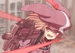  aiming animal_hat bullet_line bullpup commentary_request female gloves gun hat highres llenn_(sao) p-chan_(p90) p90 rabbit_hat scarf solo submachine_gun sword_art_online sword_art_online_alternative:_gun_gale_online weapon x_ace_k_x 