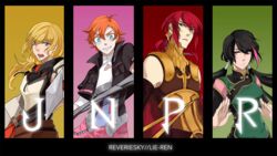  2boys 2girls armor black_hair blonde_hair breastplate column_lineup commentary_request crocea_mors_(rwby) genderswap_(ftm) genderswap_(mtf) gorget jaune_arc lie_ren magnhild milo_and_akouo multiple_boys multiple_girls nora_valkyrie orange_hair pyrrha_nikos recursive_genderswap red_hair rule_63 rwby sumanina 