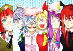  6+girls :d ^_^ ascot bad_id bad_pixiv_id bespectacled blonde_hair blue_eyes blue_hair bow braid closed_eyes column_lineup flandre_scarlet glasses grey_hair grin groucho_glasses hat hat_ornament head_wings highres hong_meiling izayoi_sakuya koakuma kuroneko_(sanzo5531) long_hair maid maid_headdress multiple_girls necktie night_clothes open_mouth patchouli_knowledge purple_eyes purple_hair red_eyes red_hair remilia_scarlet short_hair sidelocks smile star_(symbol) star_hat_ornament touhou twin_braids wings 