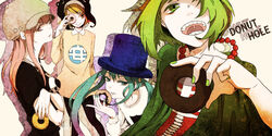  4girls blonde_hair commentary donut_hole_(vocaloid) doughnut earrings food green_hair gumi hat hatsune_miku jewelry kagamine_rin long_hair megurine_luka multiple_girls nail_polish nalwori necklace pink_hair teeth top_hat twintails vocaloid 