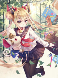  black_legwear black_skirt blonde_hair blush chinese_commentary commentary_request double_bun female hair_bun hair_ornament highres holding long_hair long_sleeves looking_at_viewer luna_(shadowverse) neckerchief photoshop_(medium) pleated_skirt school_uniform serafuku shadowverse skirt solo twintails very_long_hair wait yellow_eyes 