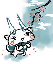  branch chill_ykon commentary_request flower from_above furoshiki furoshiki_around_neck komasan limited_palette looking_up no_humans open_mouth solo standing youkai_(youkai_watch) youkai_watch 