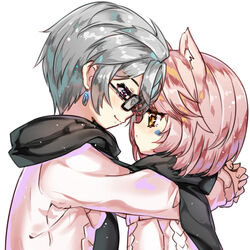  1boy add_(elsword) alternate_hair_color animal_ears aran_sweater black-framed_eyewear black_scarf blush brown_eyes cable_knit closed_mouth commentary couple earrings elsword eve_(elsword) eye_contact female fingernails glasses grey_hair hug jewelry kemonomimi_mode long_sleeves looking_at_another looking_down pink_hair profile purple_eyes scarf short_hair simple_background sleeves_past_wrists smile straight sweater symbol-only_commentary wataru_kuri white_background white_sweater 