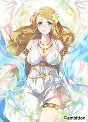  angel_wings armband blue_eyes blush braid breasts brown_hair cleavage commentary_request dress feathered_wings female flower hair_flower hair_ornament himekiss jewelry lily_(flower) long_hair looking_at_viewer maru-kichi medium_breasts necklace official_art outstretched_arms smile solo thigh_strap white_dress white_wings wings 