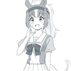  alternate_costume animal_ears bad_id bad_twitter_id blush bow bowtie bridle check_commentary chestnut_thoroughbred_(kemono_friends) commentary commentary_request cosplay crossover extra_ears female greyscale horizontal_pupils horse_ears horse_girl horse_tail horseshoe_ornament kemono_friends long_hair miniskirt monochrome multicolored_hair neckerchief pleated_skirt ponytail puffy_short_sleeves puffy_sleeves sailor_collar sailor_shirt school_uniform serafuku shirt short_sleeves skirt solo summer_uniform tail totokichi tracen_school_uniform umamusume 