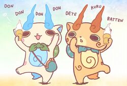  abbreviated_karakusa brothers chill_ykon coin_purse commentary_request food furoshiki furoshiki_around_neck ice_cream ice_cream_cone komajirou komasan no_humans open_mouth romaji_text siblings soft_serve standing standing_on_one_leg youkai_(youkai_watch) youkai_taisou_dai-ni youkai_watch youkai_watch_2 