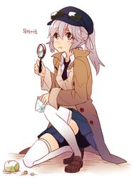  6_(yuchae) :t alternate_costume cabbie_hat commentary_request daikon detective eyewear_on_head female grey_hair hat korean_text long_coat long_hair magnifying_glass mononobe_no_futo necktie on_one_knee pleated_skirt radish skirt solo sunglasses sweater_vest thighhighs touhou translated white_thighhighs zettai_ryouiki ziploc_bag 