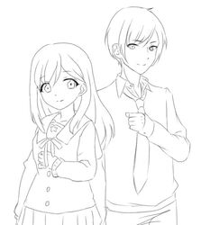  1boy anzu_(ensemble_stars!) back-to-back bad_id bad_twitter_id blazer brother_and_sister cowboy_shot ensemble_girls! ensemble_stars! female greyscale jacket kimisaki_school_uniform line_art long_hair looking_at_viewer monochrome necktie pleated_skirt protagonist_(ensemble_girls!) school_uniform siblings simple_background skirt white_background 